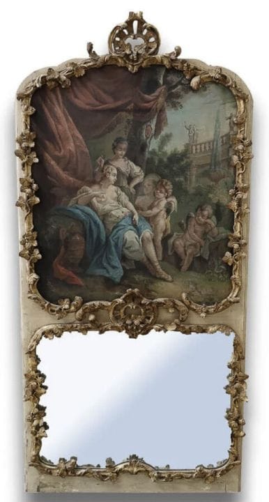 一件重要的木质与镀金灰泥镶板，饰有新古典主义风格的绘画场景
213 x 101 厘米