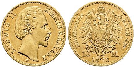 1871年后的德国。帝国金币。巴伐利亚。路德维希二世，1864-1886年。10马克（3.94克）。