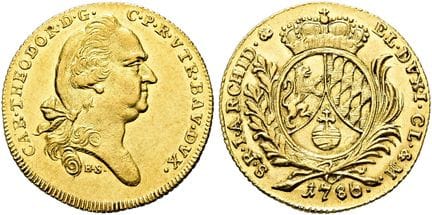 1871年之前的德国硬币与奖章。巴伐利亚。卡尔·特奥多尔，1777—1799年。杜卡特金币，直径21