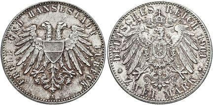 1871年后的德国。帝国银币。吕贝克。自由汉萨城市。2马克，直径28毫米（11.10克）。1901年