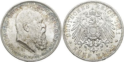 1871年后的德国。帝国银币。巴伐利亚。摄政王路德维希，1886-1912年。5马克，直径38毫米（