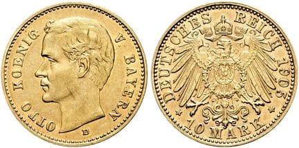 1871年后的德国。帝国金币。巴伐利亚。奥托二世，1886-1913年。10马克（3.96克）。19