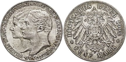 1871年后的德国。帝国银币。萨克森-魏玛-艾森纳赫。威廉·恩斯特，1901-1918年。5马克，直
