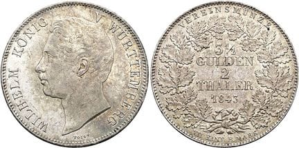 1871年之前的德国硬币与纪念章。符腾堡。 威廉一世，1816 - 1864年。双塔勒（2个联合塔勒