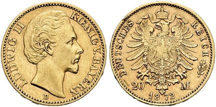 1871年后的德国。帝国金币。巴伐利亚。路德维希二世，1864-1886年。20马克，直径23毫米（