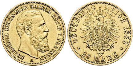 1871年后的德国。帝国金币。普鲁士。腓特烈三世，1888年。20马克，直径22毫米（7.93克）。