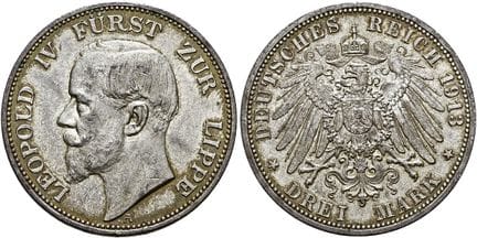 1871年后的德国。帝国银币。利普（-代特莫尔德）。 利奥波德四世，1905-1918年。3马克，直