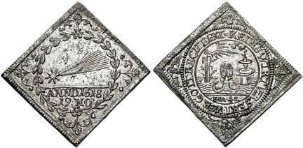 1871年之前的德国硬币与奖章。法兰克福（美因河畔），市。岩壁形状的银质奖章，直径22毫米（2.45