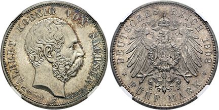1871年后的德国。帝国银币。萨克森。阿尔伯特，1873年至1902年。5马克，直径37毫米（27.