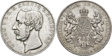 1871年之前的德国钱币与奖章。汉诺威。乔治五世，1851年至1866年。双塔勒（2个协会塔勒）直径