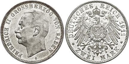 1871年后的德国。帝国银币。巴登。腓特烈二世，1907-1918年。2马克，直径28毫米（11.1