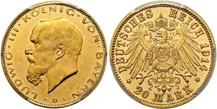 1871年起德国。帝国金币。巴伐利亚。路德维希三世，1913-1918年。20马克，直径22毫米，1