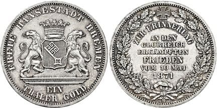 1871年之前的德国硬币与纪念章。不来梅市。塔勒币，直径33毫米（17.53克）。1871年B版，汉