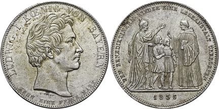 1871年前的德国硬币与奖章。巴伐利亚。路德维希一世，1825—1848年。协定塔勒，直径38毫米（