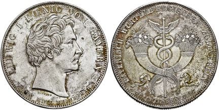 1871年之前的德国硬币与奖章。巴伐利亚。路德维希一世，1825—1848年。协定塔勒，直径38毫米