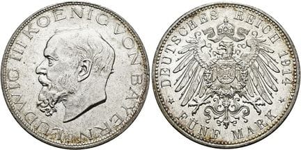 1871年后的德国。帝国银币。巴伐利亚。路德维希三世，1913-1918年。5马克，直径38毫米（2