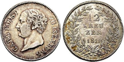 1871年之前的德国硬币与奖章。伊森堡。卡尔·弗里德里希，1806年至1813年。12克罗泽，直径2