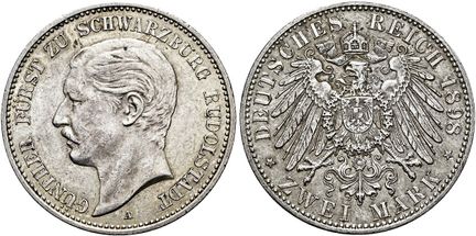 1871年后的德国。帝国银币。施瓦茨堡-鲁道尔施塔特。冈瑟，1890-1918年。2马克，直径28毫