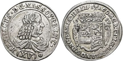 1871年之前的德国硬币与奖章。拿骚-迪伦堡。海因里希，1662-1701年。15克罗泽，直径30毫
