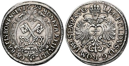 1871年前的德国硬币与奖章。雷根斯堡市。1/4帝国塔勒，直径29毫米（7.28克）。1694 MF