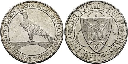 1871年后的德国。魏玛共和国。纪念币。5帝国马克，直径36毫米（24.83克）。1930年J版，汉