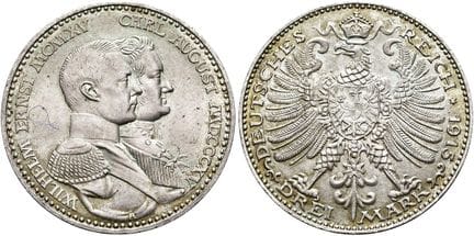 1871年后的德国。帝国银币。萨克森-魏玛-艾森纳赫。威廉·恩斯特，1901-1918年。3马克，直