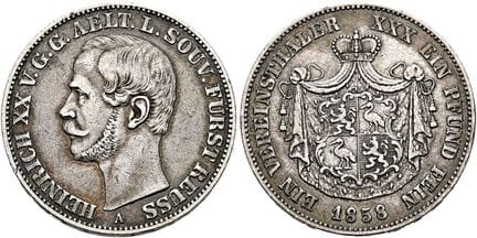 1871年之前的德国钱币与纪念章。罗伊斯。奥伯格赖茨的亨利二十世，1836年至1859年。协会塔勒（