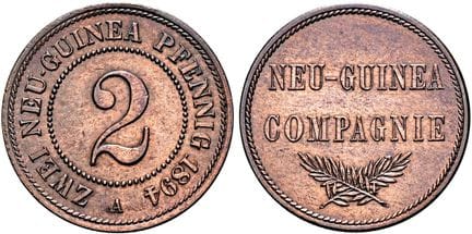1871年后的德国。德国殖民地。德属新几内亚。2芬尼，直径20毫米（3.39克）。1894年A版，柏