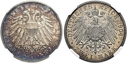 1871年后的德国。帝国银币。吕贝克。自由汉萨城市。2马克，直径28毫米（11.09克）。1904年