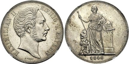 1871年之前的德国硬币与奖章。巴伐利亚。 马克西米利安二世，1848年至1864年。双塔勒（2个协