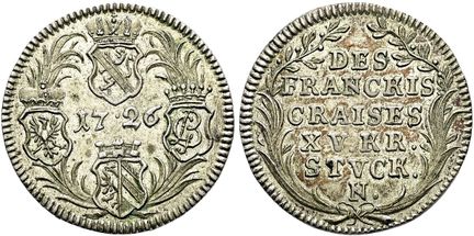 1871年前的德国硬币与奖章。法兰克地区。15克罗伊策，直径26毫米（5.41克）。1726年，纽伦
