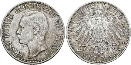 1871年后的德国。帝国银币。黑森。恩斯特·路德维希，1892-1918年。2马克，直径28毫米（1