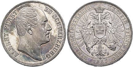 1871年之前的德国硬币与纪念章。施瓦茨堡-鲁道尔施塔特。阿尔伯特，1867年至1869年。协会塔勒