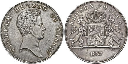 1871年之前的德国硬币与奖章。拿骚。威廉，1816年至1839年。克朗塔勒，直径39毫米（29.3