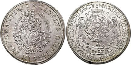 1871年之前的德国硬币与奖章。巴伐利亚。马克西米利安一世，1598—1651年。帝国塔勒，直径45