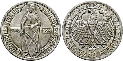 1871年后的德国。魏玛共和国。纪念币。3帝国马克，直径30毫米（14.98克）。1928年A版，柏