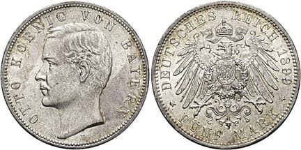 1871年后的德国。帝国银币。巴伐利亚。奥托二世，1886-1913年。5马克，直径38毫米（27.