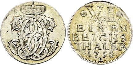 1871年之前的德国硬币与奖章。符腾堡。卡尔·欧根，1744—1793。1/6塔勒，直径26毫米（3