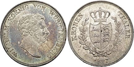 1871年之前的德国硬币与纪念章。符腾堡。威廉一世，1816—1864年。克朗塔勒，直径39毫米（2