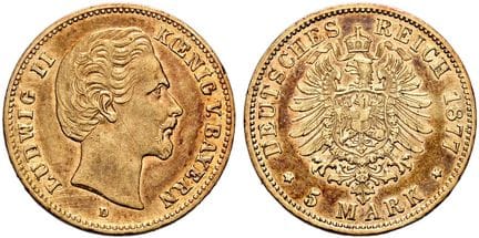 1871年后的德国。帝国金币。巴伐利亚。路德维希二世，1864-1886年。5马克，直径17毫米（1