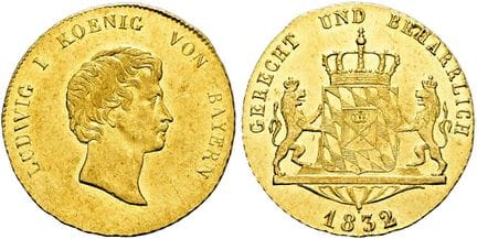 1871年之前的德国硬币与纪念章。巴伐利亚。路德维希一世，1825—1848年。杜卡特金币，直径21