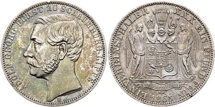 1871年之前的德国硬币与奖章。绍姆堡-利珀。阿道夫·格奥尔格，1860—1893。协会塔勒币，直径