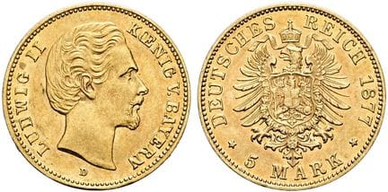 1871年起德国。帝国金币。巴伐利亚。路德维希二世，1864-1886年。5马克，直径17毫米（1.