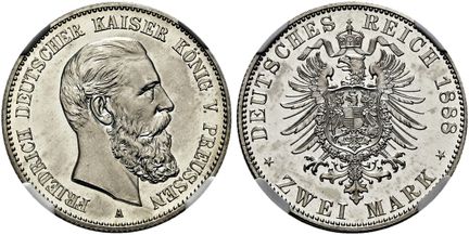1871年后的德国。帝国银币。普鲁士。腓特烈三世，1888年。2马克，直径28毫米（11.14克）。