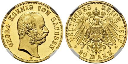 1871年后的德国。帝国金币。萨克森。乔治，1902-1904年。20马克（7.96克）。1903年