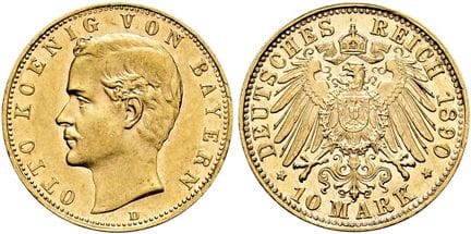 1871年后的德国。帝国金币。巴伐利亚。奥托二世，1886-1913年。10马克（3.95克）。18