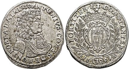 1871年之前的德国硬币与奖章。蒙福尔特伯爵领地。安东一世，1686年至1693年。30克罗泽，直径