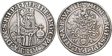 1871年之前的德国硬币与奖章。普法尔茨。腓特烈二世，1508 / 1544–1556。塔勒币，直径