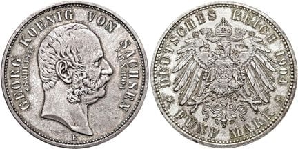 1871年后的德国。帝国银币。萨克森。乔治，1902-1904年。5马克，直径38毫米（27.79克