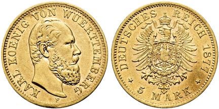 1871年起德国。帝国金币。符腾堡。卡尔，1864-1891年。5马克，直径17毫米（1.99克）。